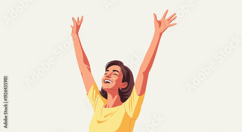 Vector illustration of a cheerful woman with her arms raised high, celebrating success with a big smile and closed eyes, conveying happiness and positive emotion on a bright background.
