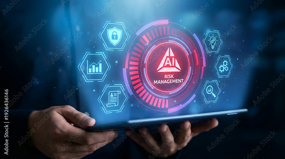 Naklejka premium AI risk management and artificial intelligence security with person using digital tablet interface