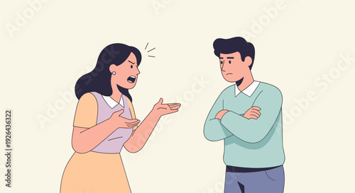 An illustration shows an angry woman arguing with a man with arms crossed, depicting a domestic dispute or relationship conflict. The style is simple and clean.
