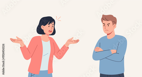 An angry woman with outstretched hands argues with a man standing with crossed arms, both expressing frustration; the illustration depicts relationship conflict and communication issues.