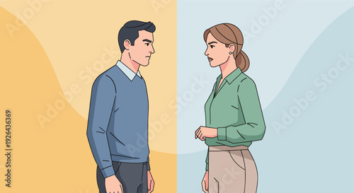Illustration of a man and a woman facing each other in profile, set against a split yellow and blue background, suitable for concepts of communication, relationships, or conflict.