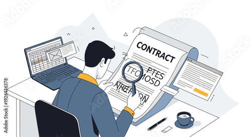 Man Reviewing Contract on Computer Desk.