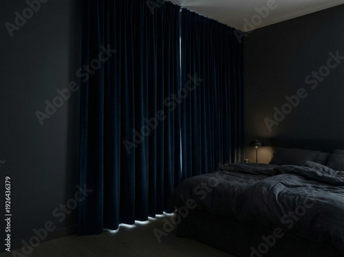 Room with blackout curtains closed in dark interior design  