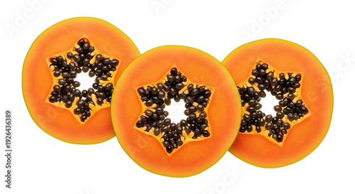 Three slices of fresh orange papaya fruit with black seeds on transparent background