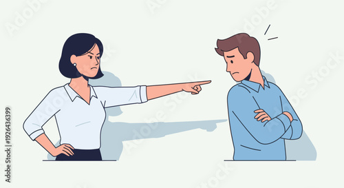 An illustration of an angry woman pointing her finger at a sad, disappointed man, conveying blame, conflict, or disapproval, ideal for themes of workplace issues and relationships.