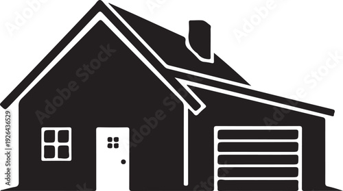 Black and white house with garage and chimney silhouette