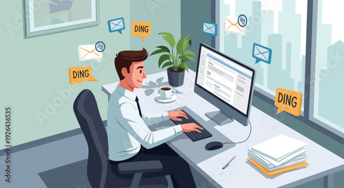 Man Sitting at Desk Using Computer.