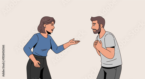 Illustration depicts a couple in conflict, the woman gesturing with frustration and the man looking defeated, highlighting relationship issues, communication breakdowns, and emotional distress.