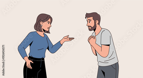 Illustration showing a woman arguing with a man who looks defensive; depicting relationship troubles, work conflict or miscommunication. Emotional stress and tension shown.