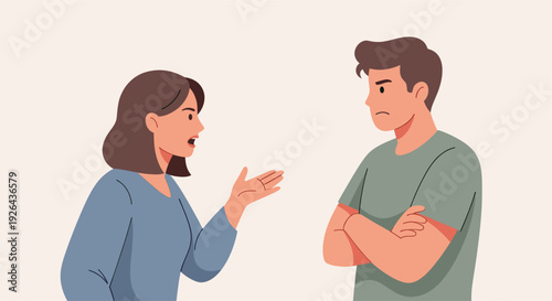 Illustration of a couple arguing, the man with arms crossed and the woman gesturing expressively, conveying conflict and relationship issues. Use for articles about communication, therapy.