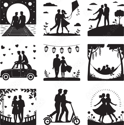 Black silhouette illustrations of romantic couples and friends  love and relationships