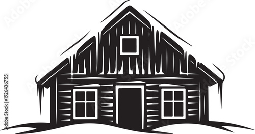 Black and white of a house with icicles snow cabin