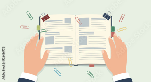 Flat vector illustration showing hands holding an open book with colored paperclips and binder clips, suggesting business, education, studying, or creative workspace concepts.