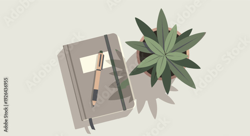 Top view of a closed taupe notebook with a pen and a potted plant, creating a calm and organized desk flatlay. Good for blog or website header.