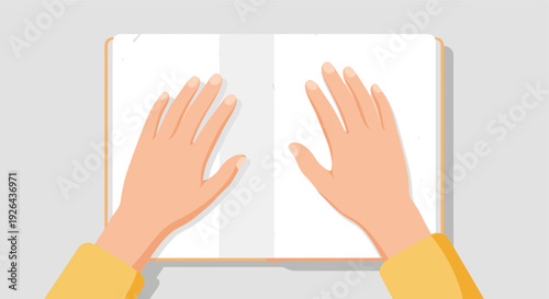 Illustration of hands opening a blank book, ready for text or images, with a clean and minimalist design suitable for various creative projects.