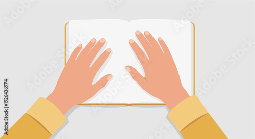 Top-down view of hands opening a blank, bright white book on a neutral gray surface, suggesting creativity, learning, or inspiration for artists and writers.