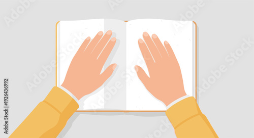 Illustration of hands gently touching the pages of an open book, with blank white pages perfect for adding content and a light gray background.