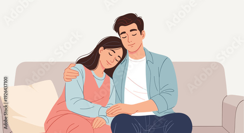 Illustrated young couple embracing on a neutral sofa, eyes closed, conveying comfort, love, and connection, suitable for mental health, relationship, or lifestyle content.