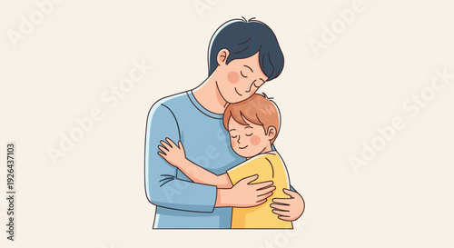 An illustration depicts a father tenderly hugging his son, both with closed eyes, conveying warmth, love and paternal affection in a heartwarming family scene.
