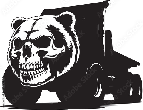Black and white illustration of bear skull on a truck front
