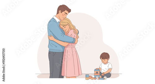 A heartwarming illustration of a father hugging a mother, while their young son plays contentedly with building blocks on the floor. The image evokes feelings of love, family, and home.