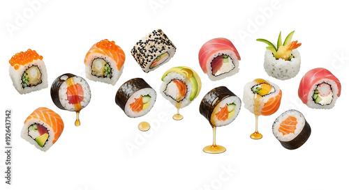 Assortment of delicious sushi rolls and nigiri with salmon, tuna, and shrimp on transparent background