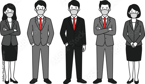 Business Professionals in Suits and Face Masks for Corporate, Workplace, Health, and Safety Illustrations