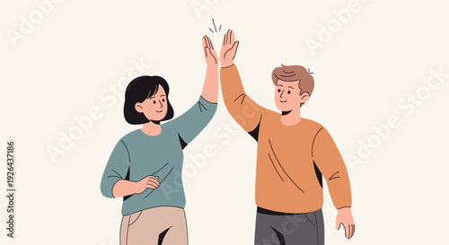 Two stylized individuals, a woman and a man, cheerfully high-fiving each other against a neutral background, illustrating teamwork, success, and positive interaction in a modern design.