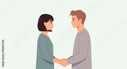A stylish, modern illustration depicts a man and woman holding hands and gazing at each other, conveying love, support, and connection. Use for relationship themes.