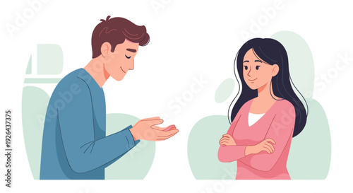 Cartoon illustration of a man proposing, offering his hands while a woman stands with arms crossed, possibly skeptical, set against a clean, simple background.
