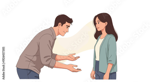 An illustration shows a man proposing with open arms to a woman; the backdrop is simple white, the style is minimalist, conveying a moment of love.
