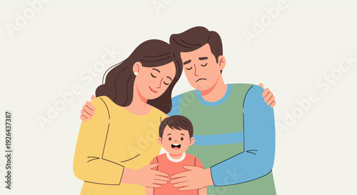 Illustrated family of three, a mother, father, and son, embrace, conveying support, love, and togetherness against a neutral background with a soft, comforting, and hopeful mood.