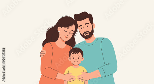 A warm illustration depicts a happy family, including a mother and father embracing their son with love and affection against a neutral backdrop, perfect for family-themed designs.