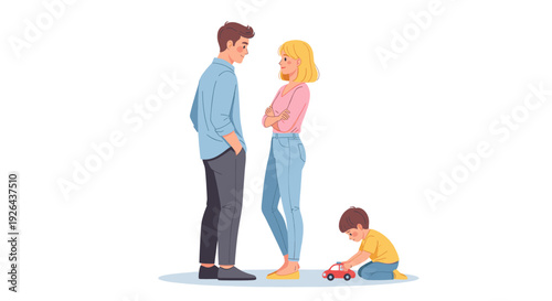 Illustration of a young couple facing each other with crossed arms in conflict while their son plays alone with a toy car, conveying family issues.