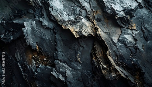 Close-up view of textured dark grey rock formation. Layers with hints of rust-colored minerals. Lighting creates shadows