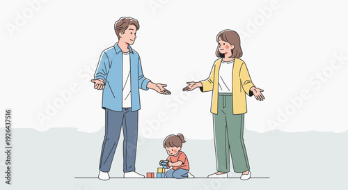 A hand-drawn illustration shows a young girl playing with building blocks while her mother and father watch with open arms, creating a loving family scene.