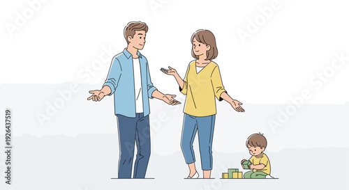 Drawn image of a family, including mother, father and son, indoors, with parents discussing ideas while son sits on floor and plays with blocks. The scene shows togetherness and support.