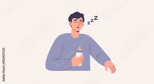 Cartoon illustration of a tired, sleepless father holding a baby bottle and falling asleep on a white background with sleep symbols. The image conveys exhaustion, parenting and childcare.