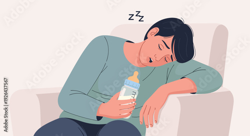 Exhausted father sleeping while holding a baby bottle in an armchair, symbolizing parental fatigue and the challenges of childcare with stylized zzz illustration above.
