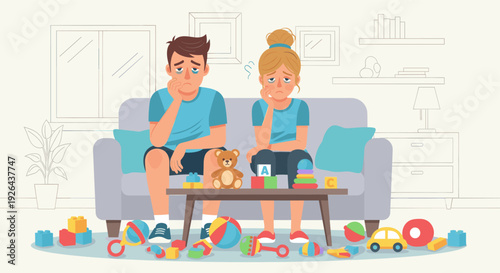 A cartoon illustration of tired, overwhelmed parents sitting on a couch surrounded by scattered toys, conveying stress, exhaustion, and the challenges of parenthood in a child-filled home.