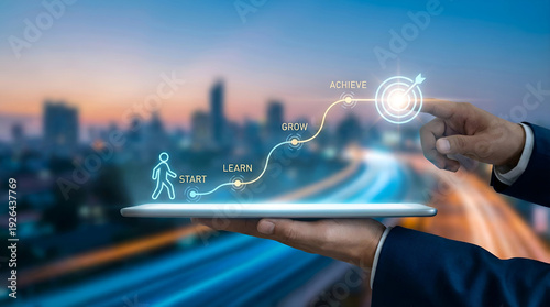Business growth journey from start to achieve with person holding digital tablet in city at sunset