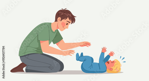 An illustration of a father reaching for his crying baby who is lying on the floor, depicting a common moment of parental care and potential frustration.