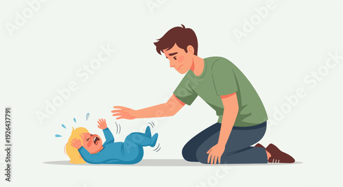 A concerned father kneels down, reaching towards his crying baby who is lying on the floor, tears streaming down her face in a colorful, cartoon illustration.