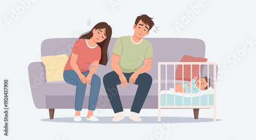 An illustration of a tired mother and father sitting on the sofa near their baby's crib, with the crying infant. They are exhausted from parenting.