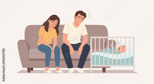 Illustration of tired and stressed parents sitting on a couch beside a crying baby in a crib, depicting the challenges of new parenthood and postpartum depression.