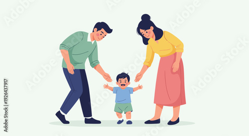 A happy baby takes first steps with the support of his mother and father in a vector illustration, conveying love, family, learning, and early childhood development.