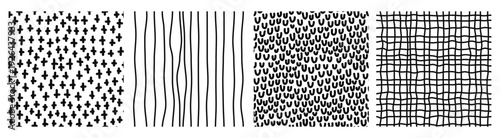 Hand drawn doodle pencil lines seamless pattern collection. Vertical thin lines, grid, squiggles, intersecting hatching. Vector illustration for wallpaper and wrapping paper.