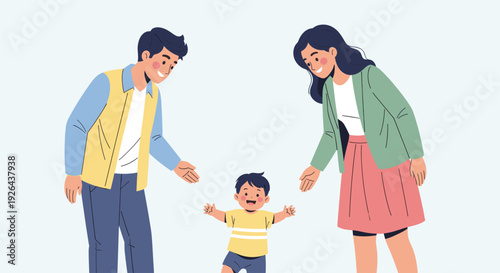 Cheerful vector illustration of a loving mother and father encouraging their toddler son as he takes his first steps inside their home, radiating joy and warmth.