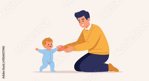 A young father kneels, helping his toddler son, dressed in blue, take his first steps in a light, airy home setting; depicting family love, guidance, and a milestone moment.