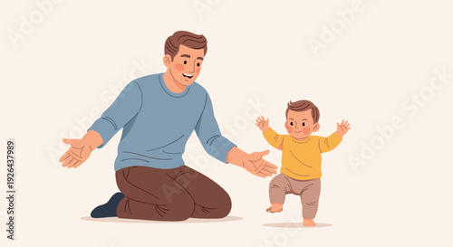 Smiling father kneeling watching his toddler take first steps, light skin tones, illustration, family, parenting, safety, assistance, encouragement, learning, childhood, togetherness, support.